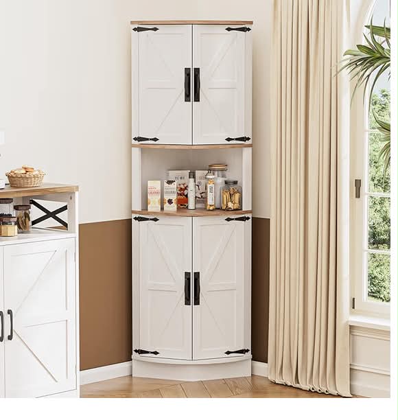 Tall Corner Storage Cabinet with Barn Doors, 5-Tier Tall Cupboards Cabinet for Living Room, 4 Wooden Doors and 5 Shelves, Space Saving Freestanding Sideboard for Home, Kitchen