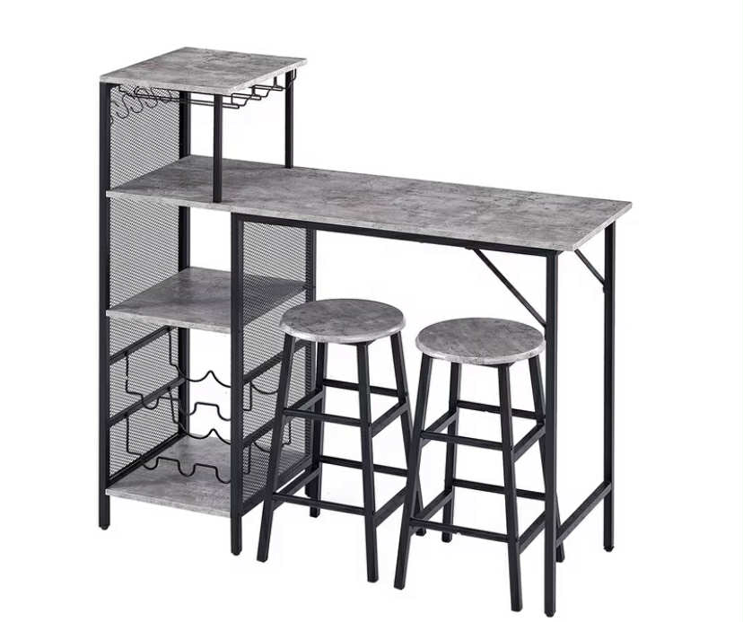 3 pcs Bar Table and Stools Set, Kitchen Breakfast Bar Table and Chairs Set 2 with Cup Holder and Wine Rack, Bar Table Sets Furniture