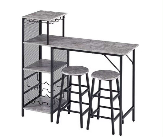 3 pcs Bar Table and Stools Set, Kitchen Breakfast Bar Table and Chairs Set 2 with Cup Holder and Wine Rack, Bar Table Sets Furniture