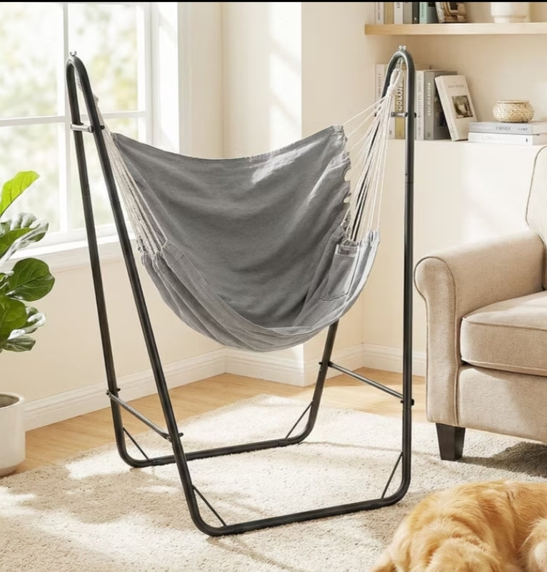 Heavy-duty Hammock Chair w/ Stand, Swing Chair w/Sturdy Metal Frame, Storage Pocket, Quality Fabric, No Beam Design, Indoor Outdoor Hanging Chair for Living Room, Patio, Yard,