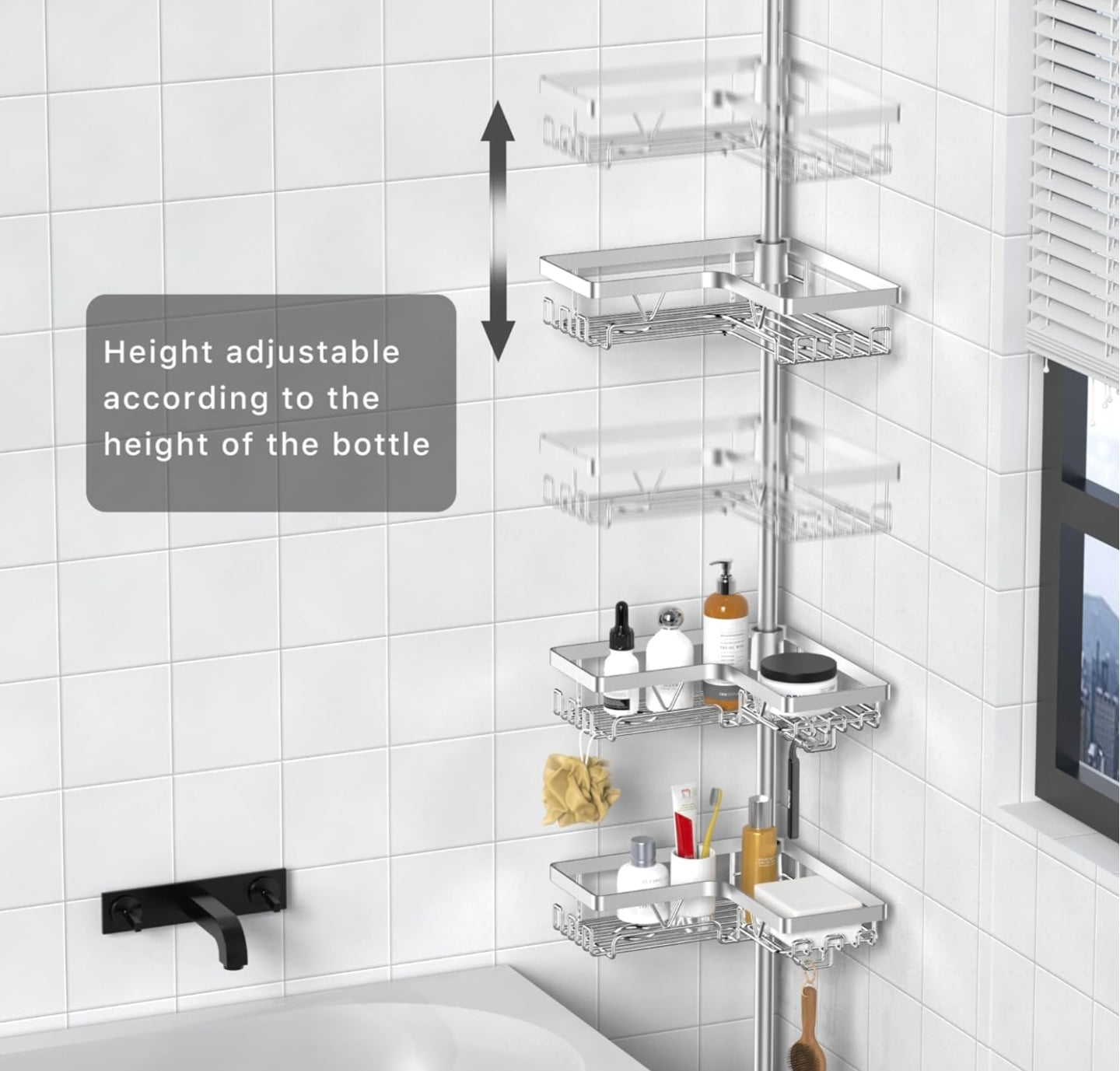 Kegii Shower Caddy - Telescopic Shower Storage Corner Bathroom Caddy, Adjustable No Drilling Shower Shelf With 4 Baskets, Silver