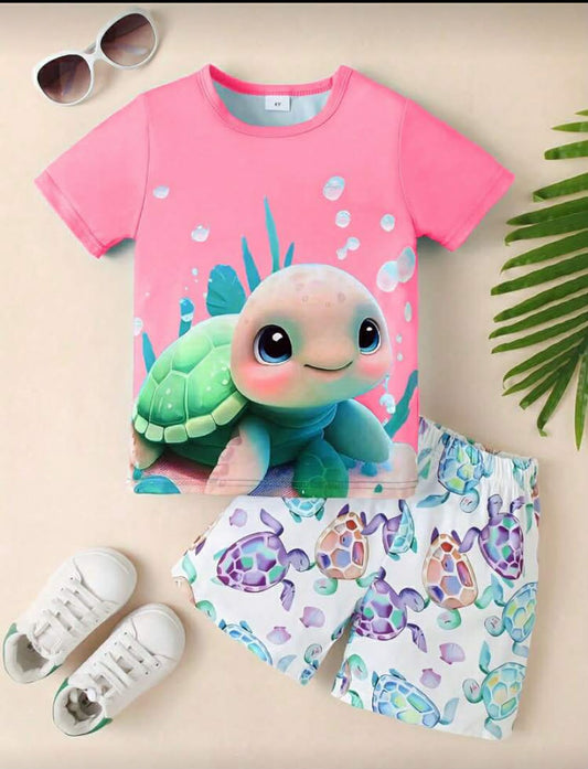 2 pcs Young Girl Casual Cute 3D Turtle Printed Short Sleeve T-Shirt And Shorts Set, Summer