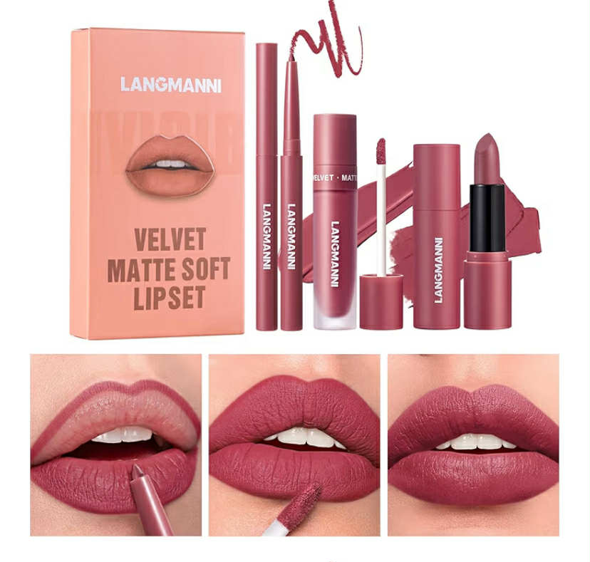 3PCS Matte Liquid Lipstick Lip Gloss & Liner Set - All-IN-One Lip Kit, Velvety Nude Color, Waterproof Make Up Set