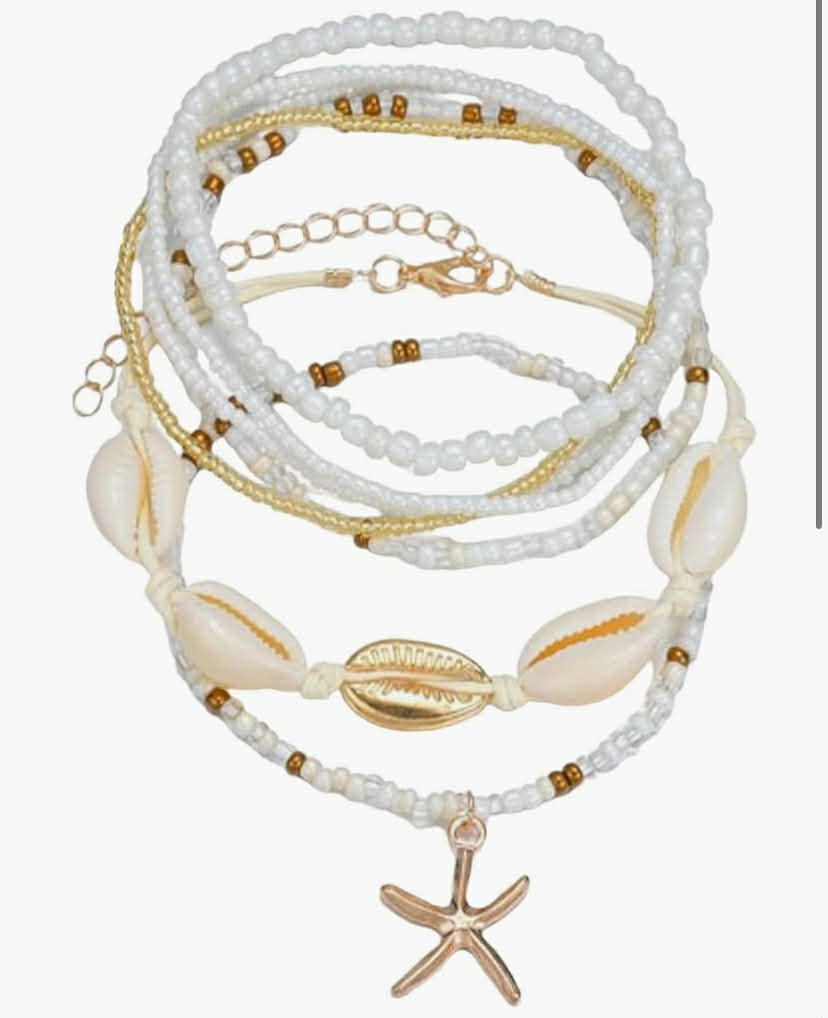 7 Pcs Beach Accessories for Women, Summer Beaded Bracelets, Boho Bracelet Set, Starfish Shell Anklet, Layered Surfer Jewelry, Holiday Vacation Gifts for Her