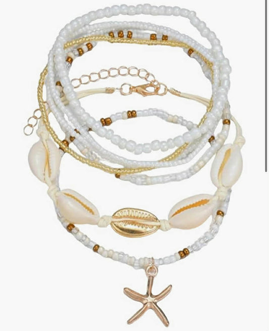 7 Pcs Beach Accessories for Women, Summer Beaded Bracelets, Boho Bracelet Set, Starfish Shell Anklet, Layered Surfer Jewelry, Holiday Vacation Gifts for Her