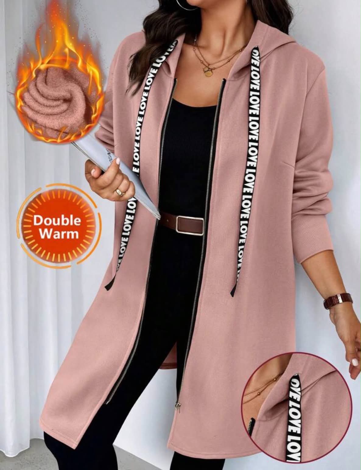 Plus Size Loose Casual Warm Long Zip-Up Hooded Sweatshirt Jacket, Suitable For Autumn/Winter Fall