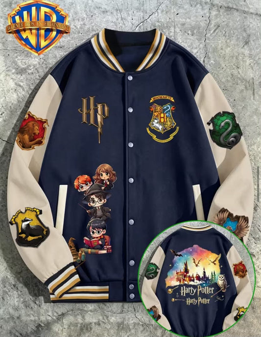 Harry Potter Hogwarts Themed American Vintage Full-Print Baseball Jacket, Vintage College Style Color-Block Baseball Jacket