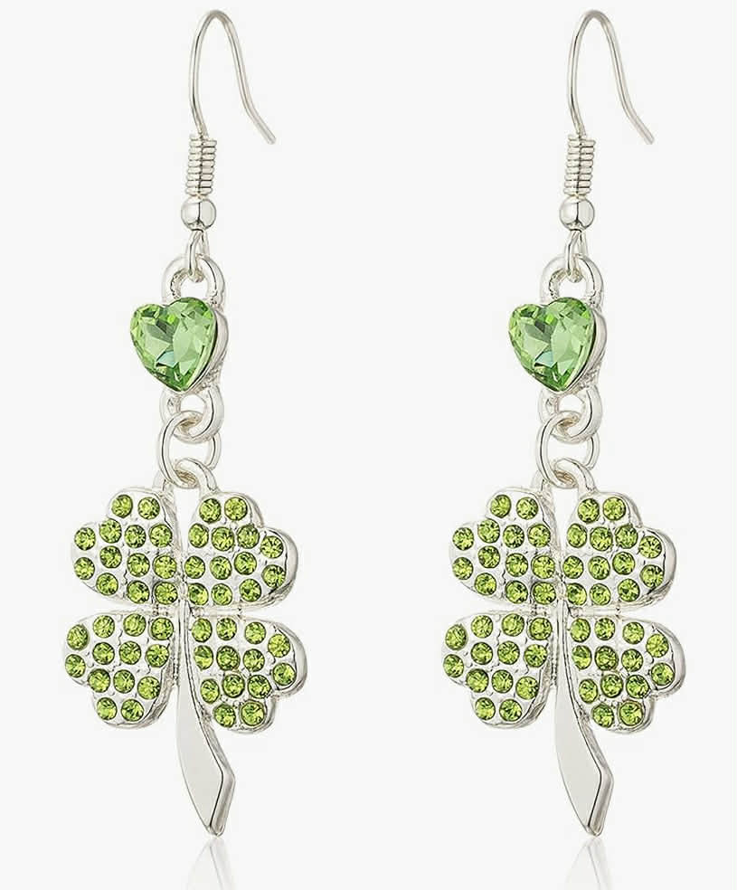 St. Patrick's Day Dangle Earrings, Four Leaf Clover, Green Cubic Zirconia, 24mm Drop, Zinc Alloy, Polished, Lever Back.