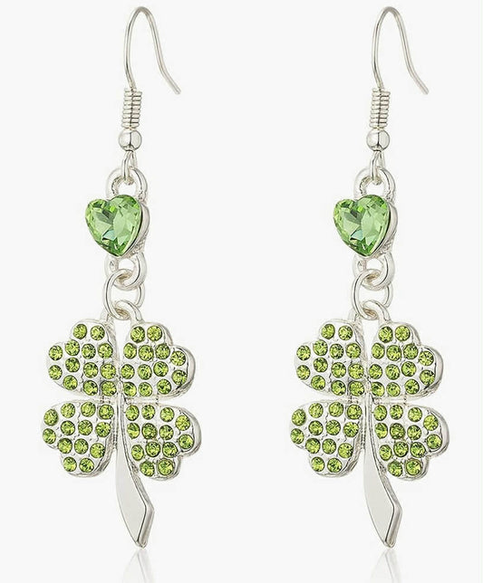 St. Patrick's Day Dangle Earrings, Four Leaf Clover, Green Cubic Zirconia, 24mm Drop, Zinc Alloy, Polished, Lever Back.