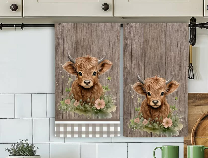 2 pcs Highland Cow Floral Kitchen Towels - Rustic Absorbent Drying Tea Towels with Cute Cow & Floral Design