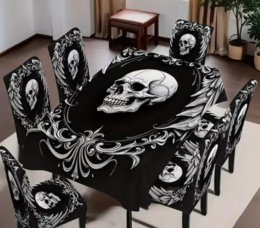 Gothic Mirror Frame Art Chair Cover and Tablecloth Set, Modern Design, Perfect for Parties, Home Decor, and Dining with Easy-to-manage, Washable Fabric.