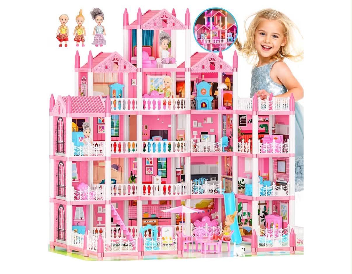 Large Dream Doll House for Girls, with Dolls, Mat, LED Light, Furnitures, Accessories Toddler Dollhouse Toys Gift for 3 4 5 6 7 8 9 10 Year Old Girls Toys