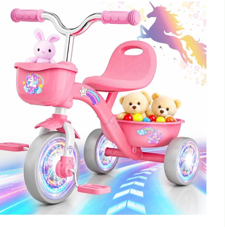 Tricycles Toys for 2-5 Year Old Girls Gifts, Balance Bike 2-5 Year Old with Colorful Lighting Wheels & Removable Pedals, Baby Kids Trikes Bike Christmas