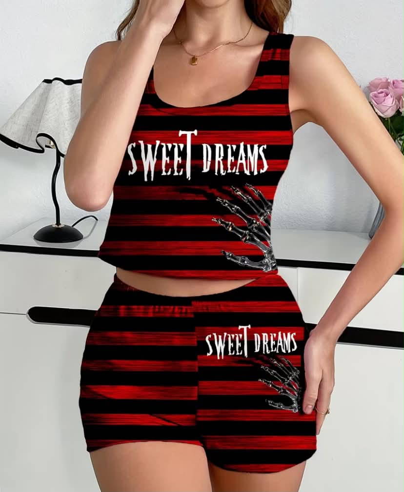 Striped Letter Print Casual Vest and Shorts, Women's Pajama Set for Spring/Summer