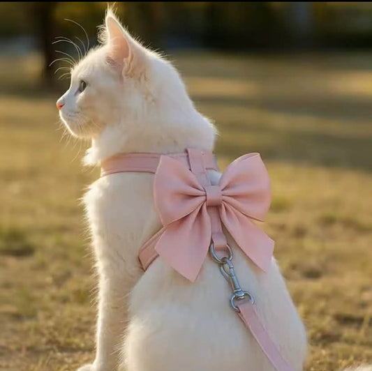 Cute Bowknot Cat Harness and Leash Adjustable Pet Harness with Traction Rope