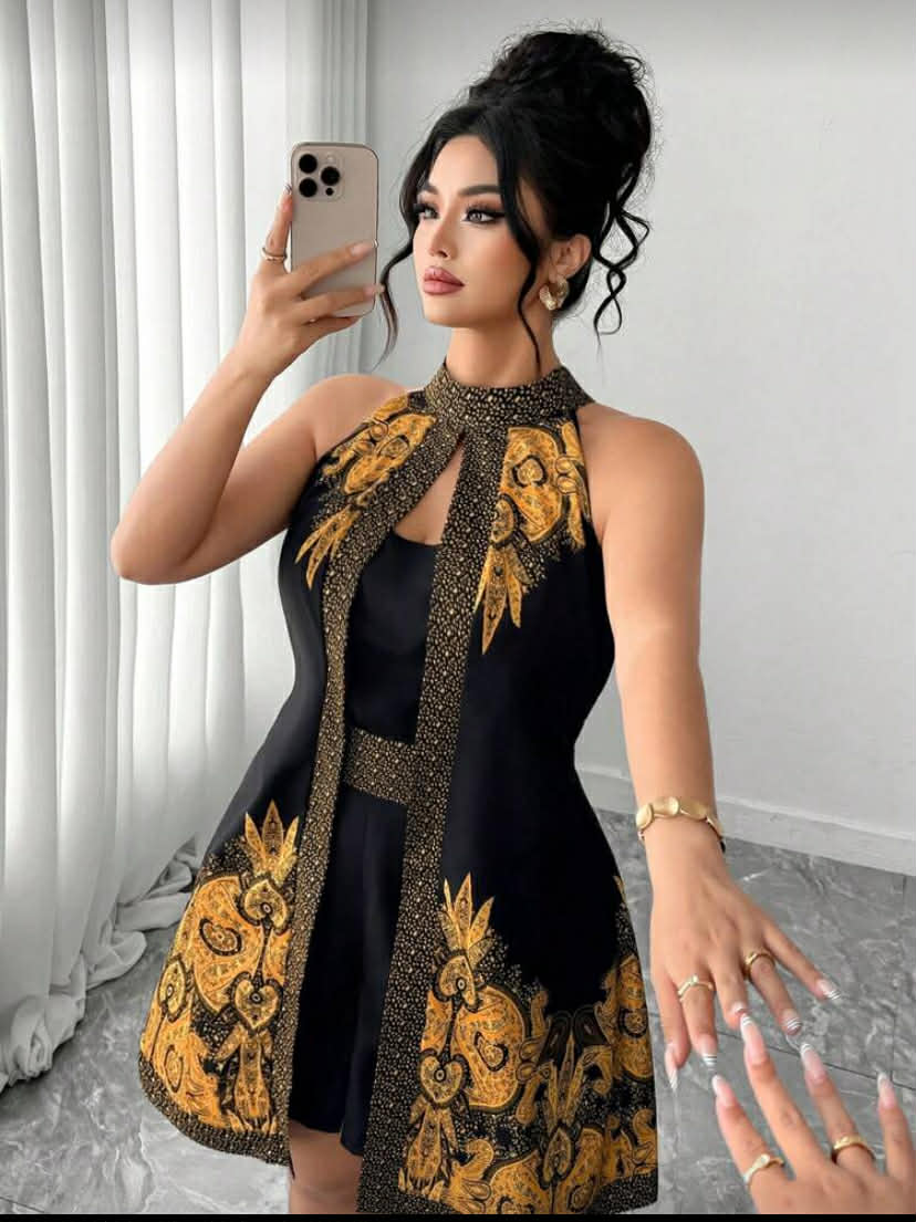 New Black & Gold Batik Print Fashionable Slimming Retro Halter Jumpsuit.