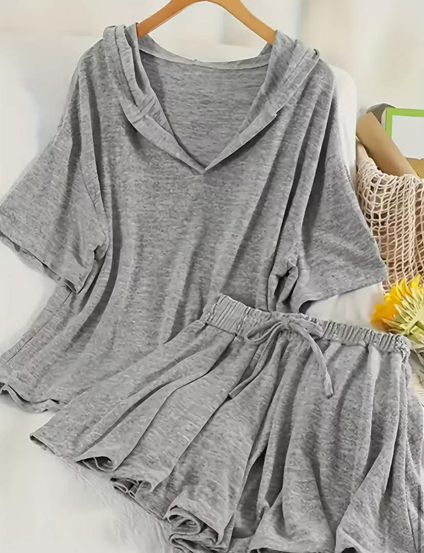 Casual Elegant Outfit, Featuring a Short-Sleeve Hooded Top And Drawstring Pleated Shorts, for Women
