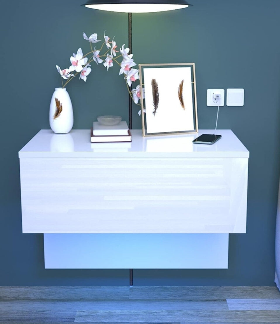 Floating Bedside Table with RGB Light High Gloss White Wall-Mounted
