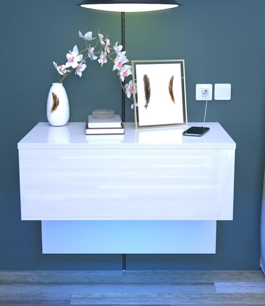 Floating Bedside Table with RGB Light High Gloss White Wall-Mounted