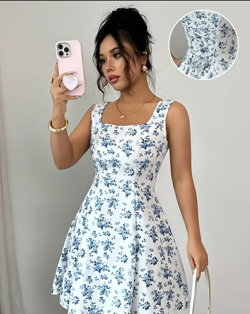 Summer New Women'S Sleeveless Square Neck Tie-Front A-Line Floral Mini Dress