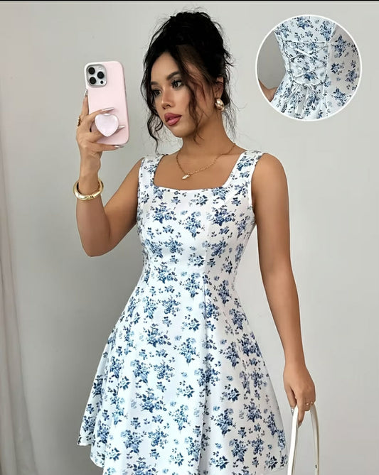 Summer New Women'S Sleeveless Square Neck Tie-Front A-Line Floral Mini Dress