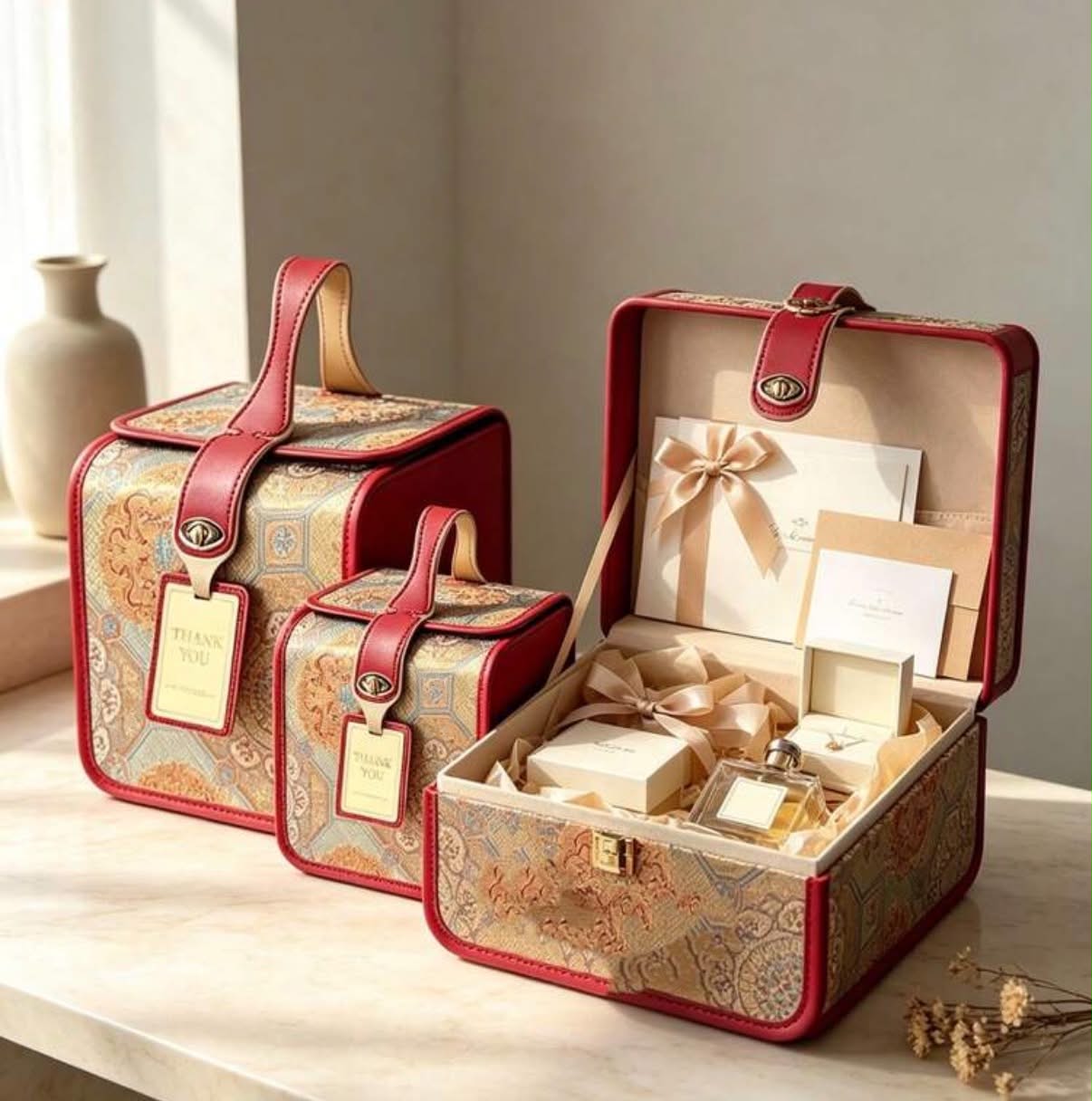 1 pcs Luxury Jacquard Pattern Gift Box With Handle, PU Leather Reusable Gift Storage Box,
