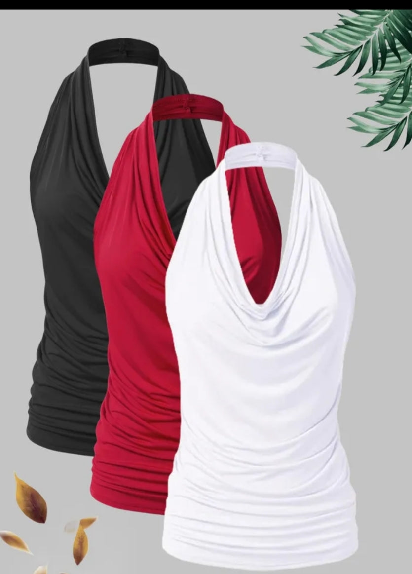 New Fashion Women'S Casual Solid Color Halter Plus Size Vest 3 pcs Set