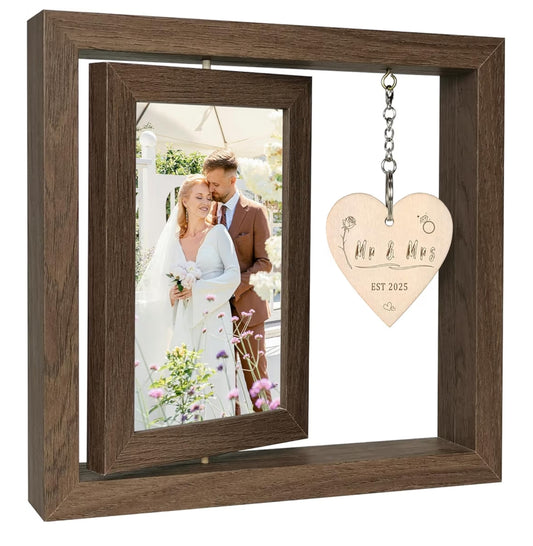 Rotating Floating Mr and Mrs EST 2025 Photo Frame Wedding Gifts for Bride and Groom - Display Two 4x6 Inch