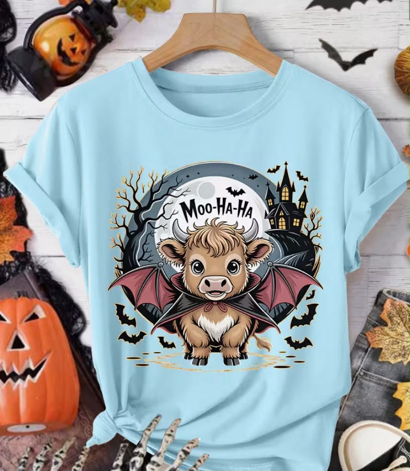 Women's T-Shirt Party Gift Moo-Ha-Ha Text Vampire Highland Cow Castle Dead Tree Bat Full Print  Round Neck Short Sleeve Dark Cute Style  All-Season