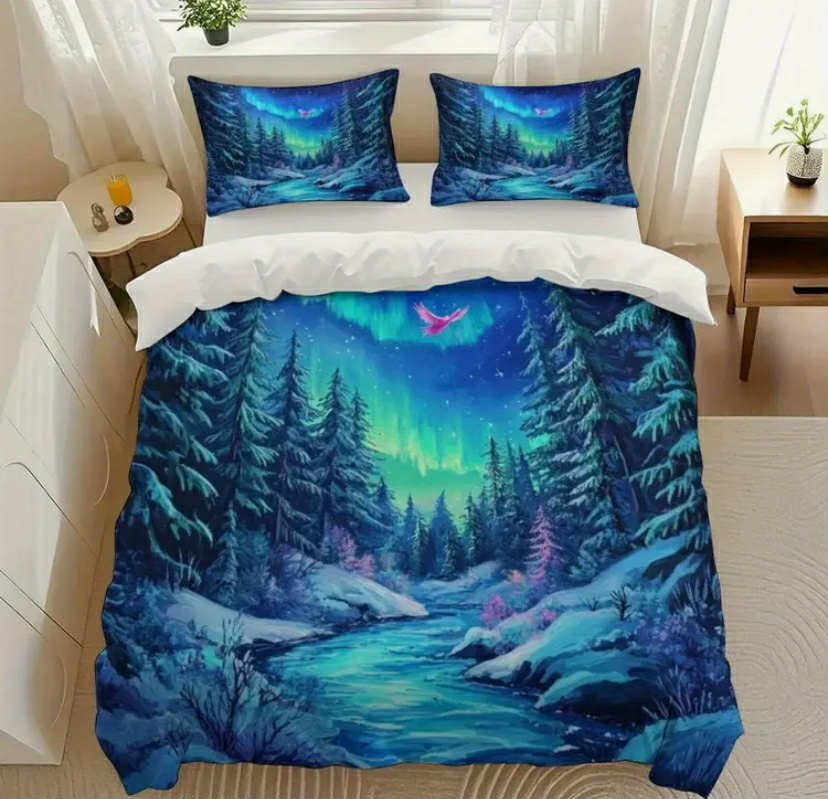 3 pcs Aurora Forest Bedding Set - Vibrant Northern Lights & Snowy Pine Design