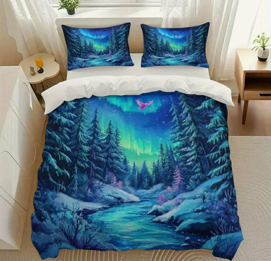 3 pcs Aurora Forest Bedding Set - Vibrant Northern Lights & Snowy Pine Design