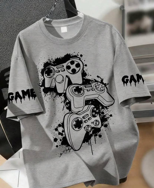Teen Boy Loose Fit Printed T-Shirt, Splatter Paint Game Controller Pattern, "GAME" Drip Ink Slogan On Sleeves,
