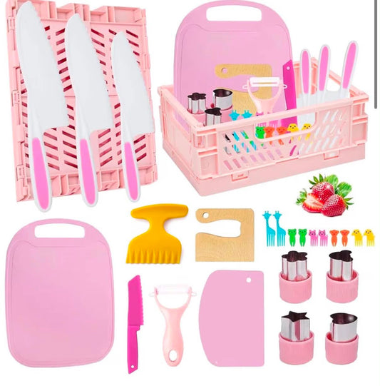 Kids kitchen knife Set for Chopping 24PCS Mini Chef Kids Cooking Knife Set with Toddler Knife,Foldable Storage Box,Crinkle Cutter,Cookie Cutters and more for