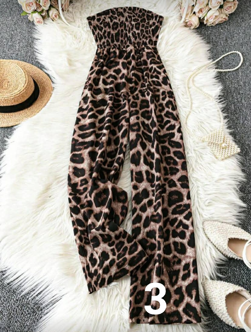 Strapless Ruched Leopard Print Jumpsuit, Summer