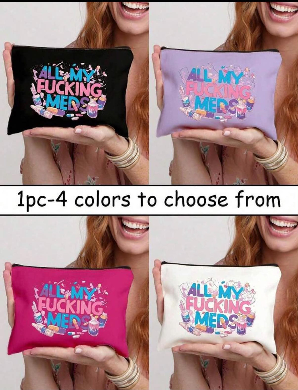 1 pc All My Meds Theme Printing Large Capacity Zipper Cosmetic Bag, Reusable Solid Color Travel Cosmetic Bag,