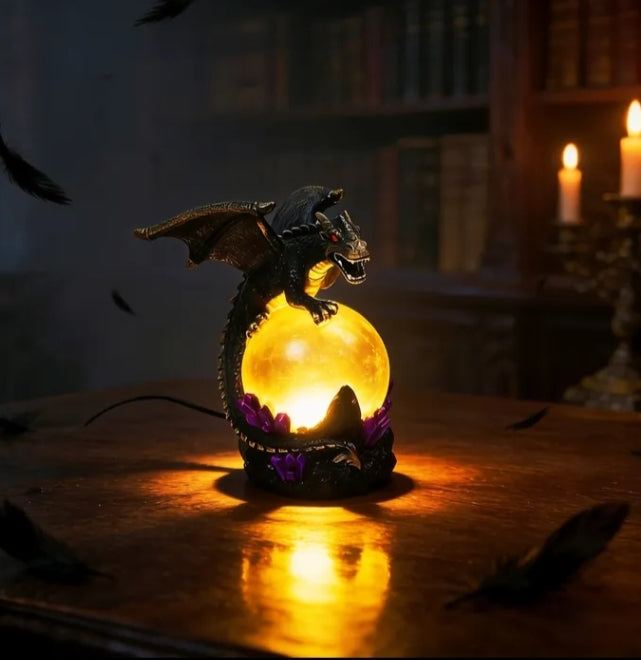 1 Fantasy Dragon Orb Lamp  Medieval Gothic Resin Statue Decor with Glowing Crystal Ball, LED Ambient Light.