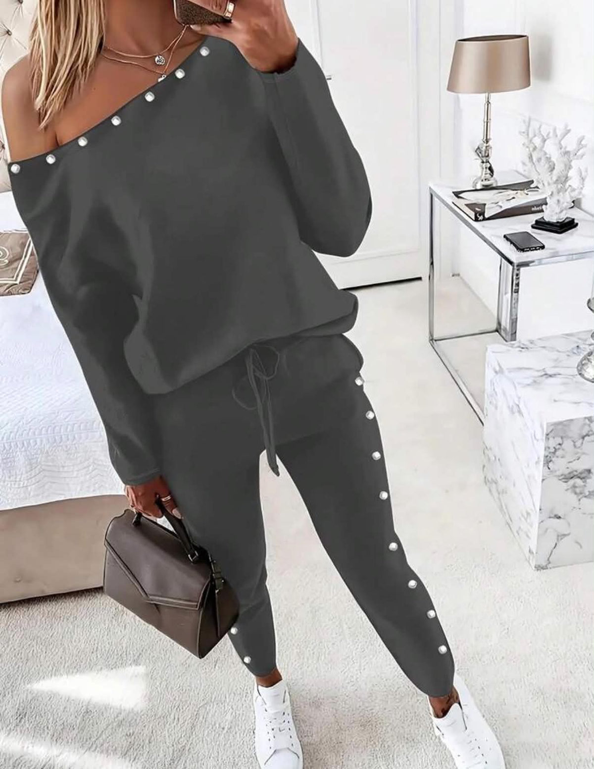2pcs Women's Chic Casual Solid Color Long Sleeve Top And Pants Set Elegant