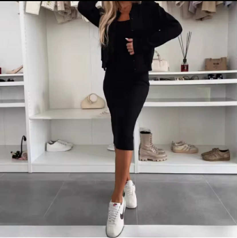 Pure Color Long Sleeve Dress Cardigan Set