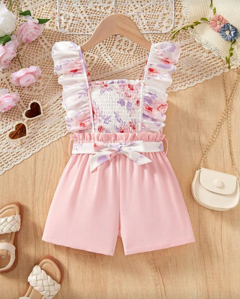 Young Girl Ditsy Floral Sleeveless Top & Straight Leg Shorts 2 Pieces Set