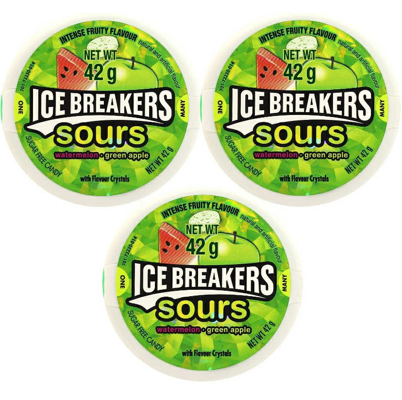 3x Ice Breakers Sours Sugar Free Mints Watermelon & Green Apple Flavor 42g