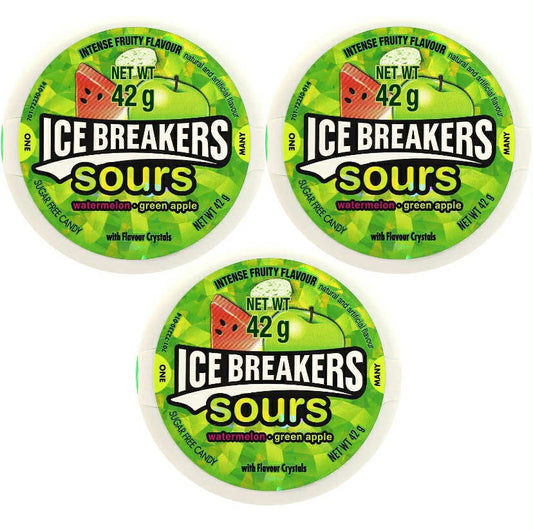 3x Ice Breakers Sours Sugar Free Mints Watermelon & Green Apple Flavor 42g