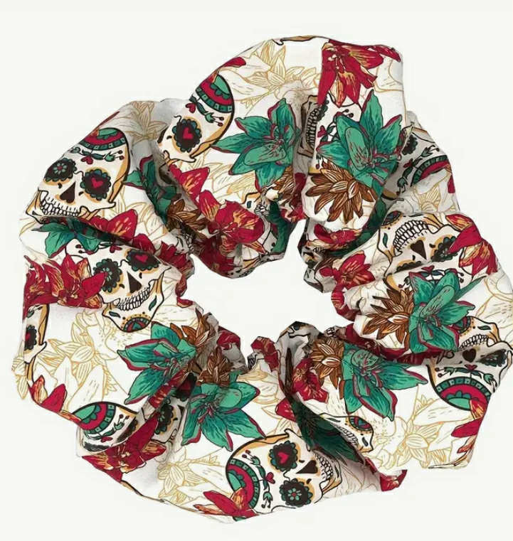 1 of each 

Gothic Style Skull Rose Flower Pattern Printed Large Intestine Hair Loop Elastic Ponytail Holder Trendy Hair Accessories For Women And Daily Use