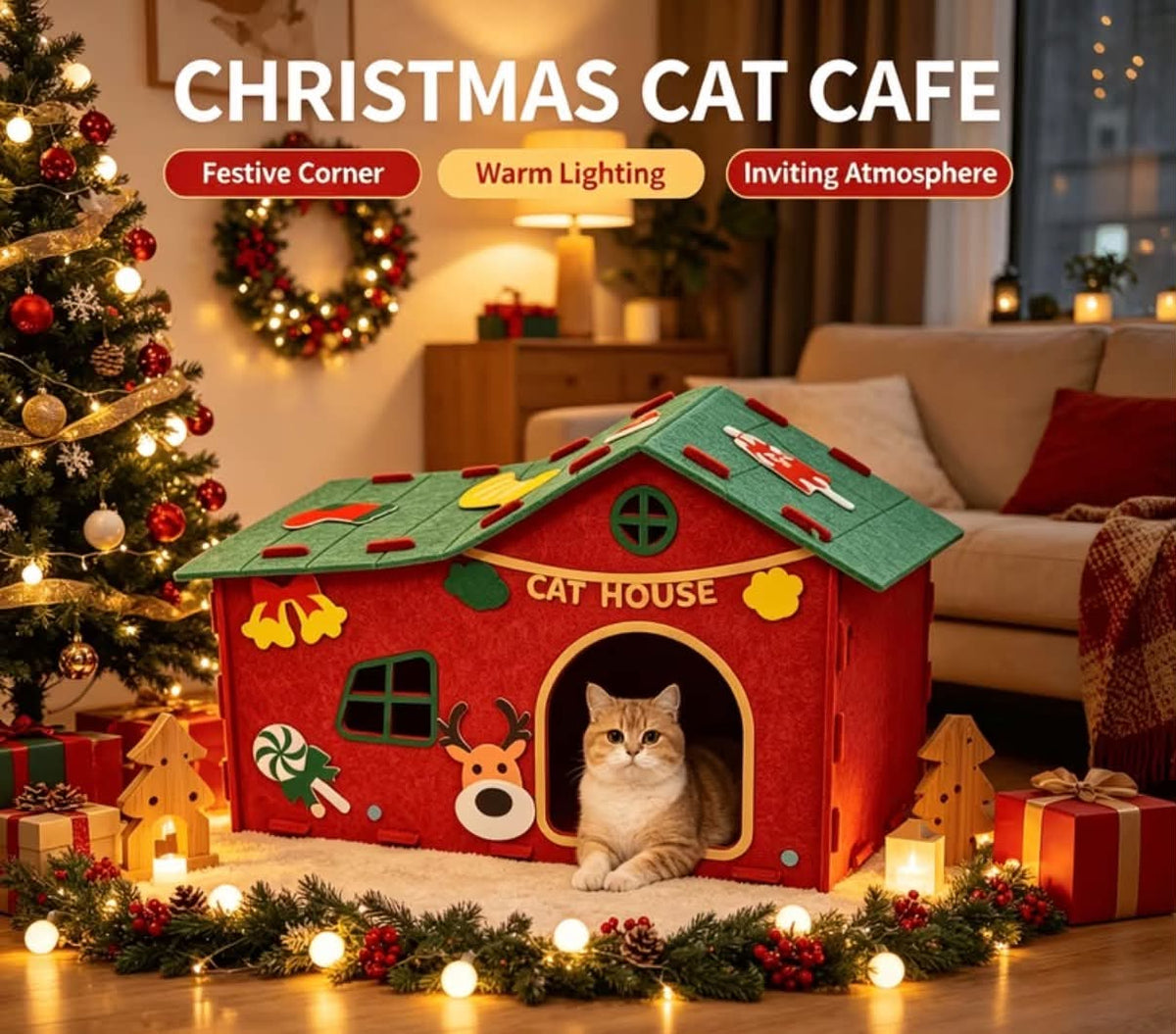 Christmas Cat Bed, Christmas  Gift for Cats, Christmas Felt Arched Top Cat Bed, Felt Material with Accessories