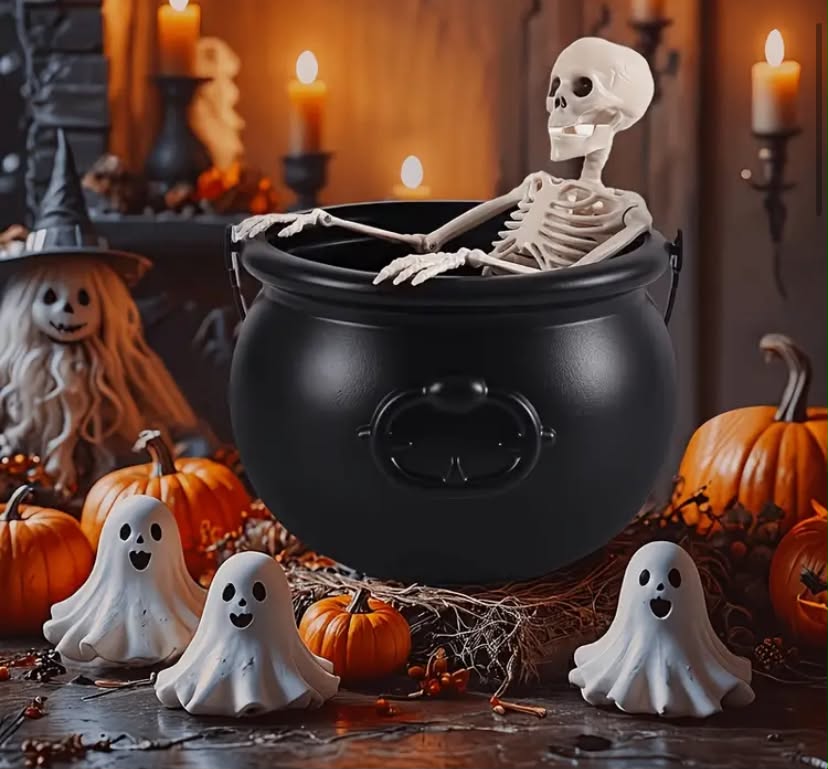 2pcs Halloween Witch Bucket And 40.64cm Skull Skeleton,  Party Decor, Indoor Gathering Decoration,