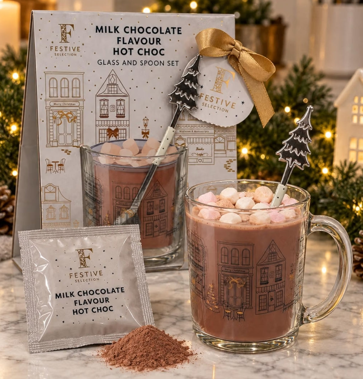 Hazelnut Hot Chocolate Glass & Spoon Gift Set - Festive Mug Set with Mix