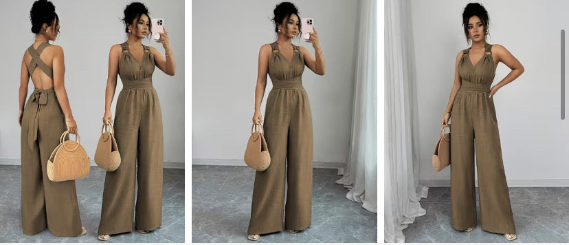Women'S V-Neck Tie-Waist Wide-Leg Jumpsuit Women'S Jumpsuit Women'S Casual Summer Vacation Dress