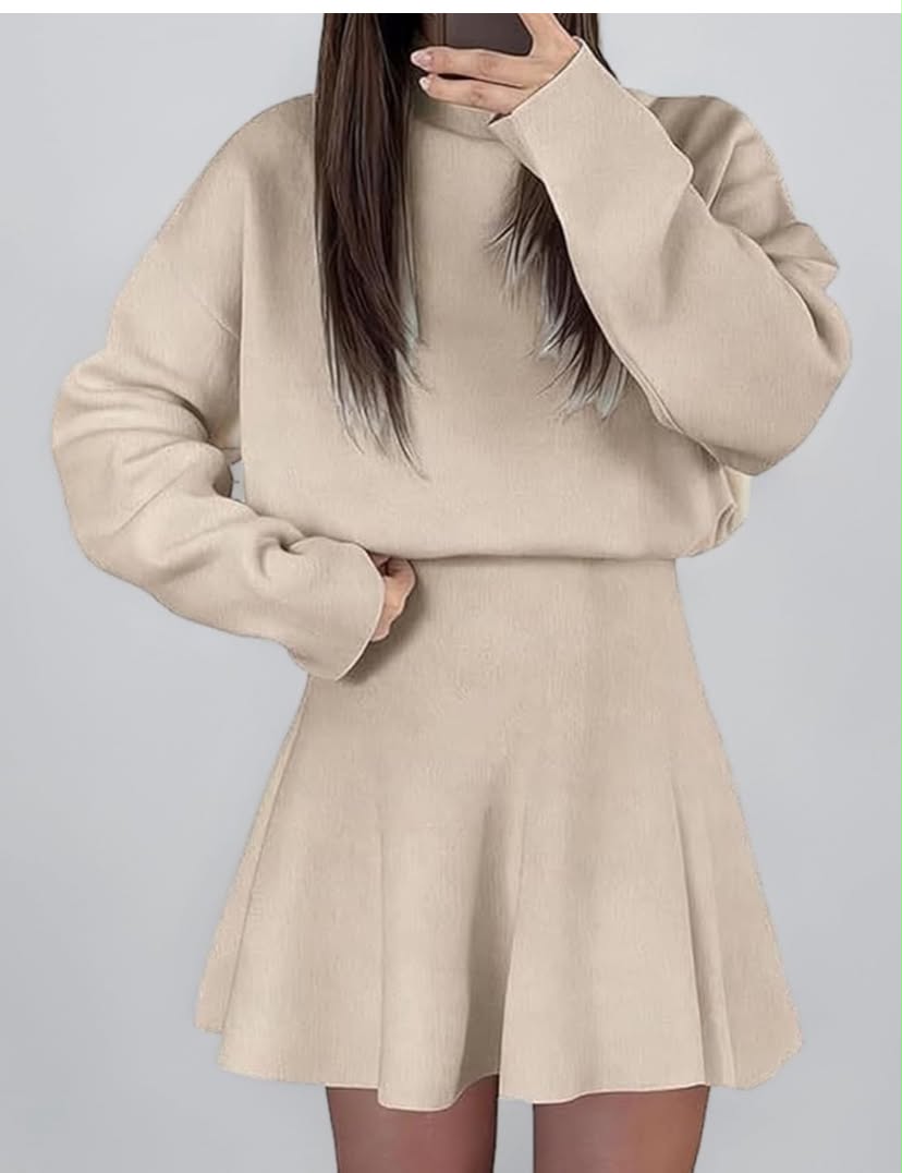 Chic Cinched-Waist A-Line Mini Dress, Casual Cozy Knit High-Neck Dress, Mock Neck Jumper Mini Skirt for Women