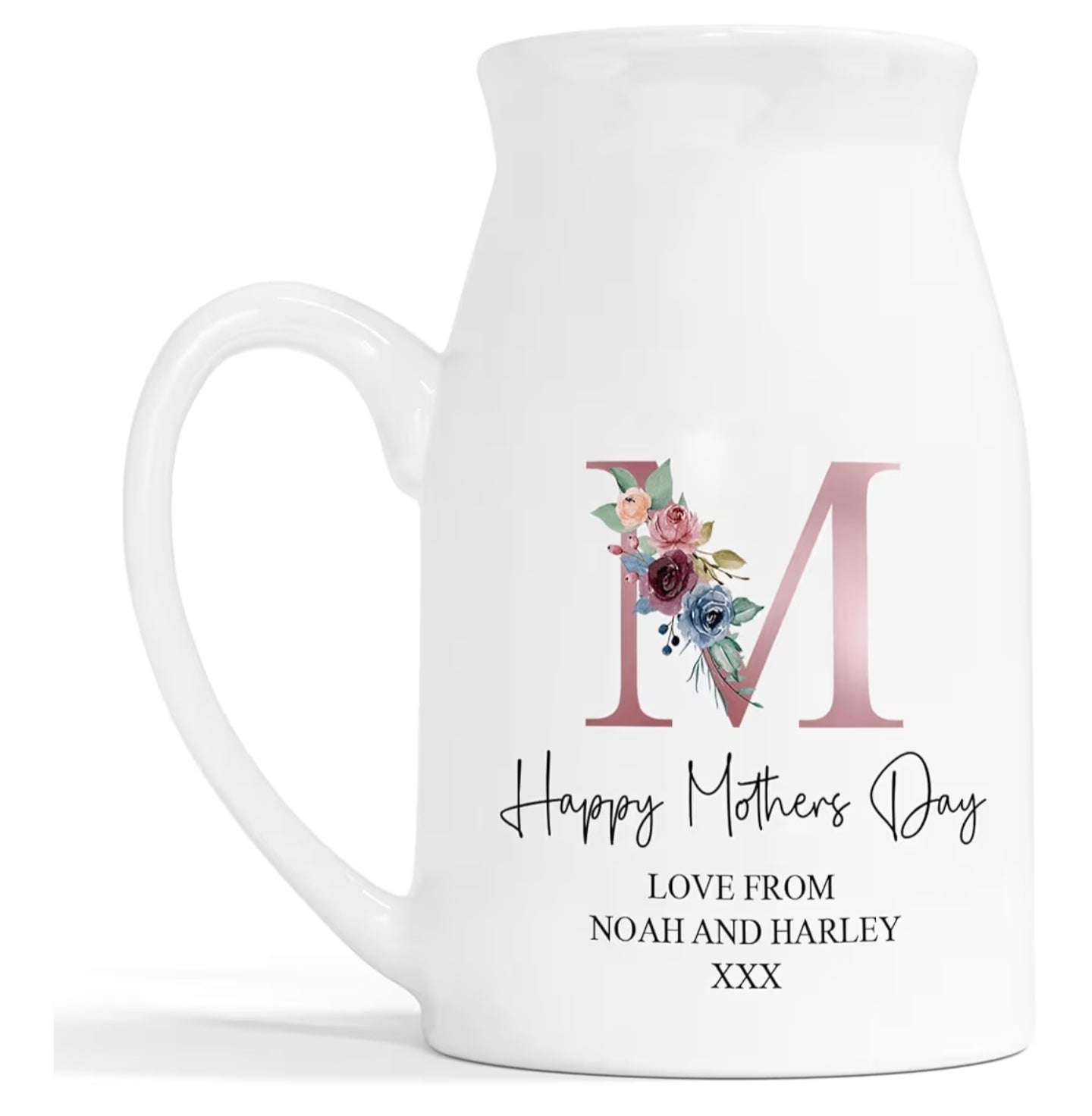 Personalised Mother’s Day Gift – Custom Mum Ceramic Jug – Floral Rose Gold M Initial – Milk Jug & Small Vase – Custom Names & Message – Unique Gift for Mum