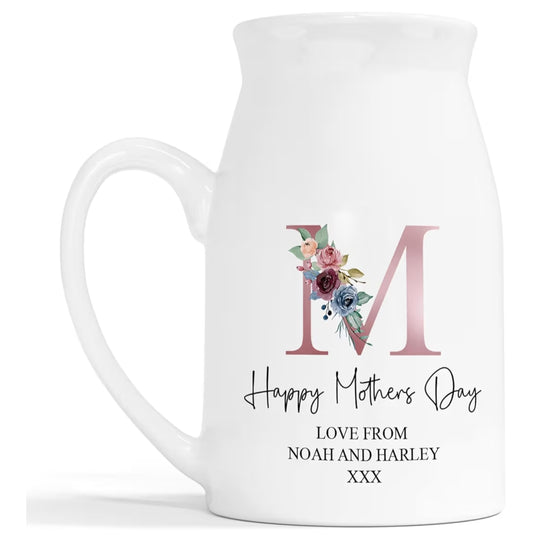 Personalised Mother’s Day Gift – Custom Mum Ceramic Jug – Floral Rose Gold M Initial – Milk Jug & Small Vase – Custom Names & Message – Unique Gift for Mum