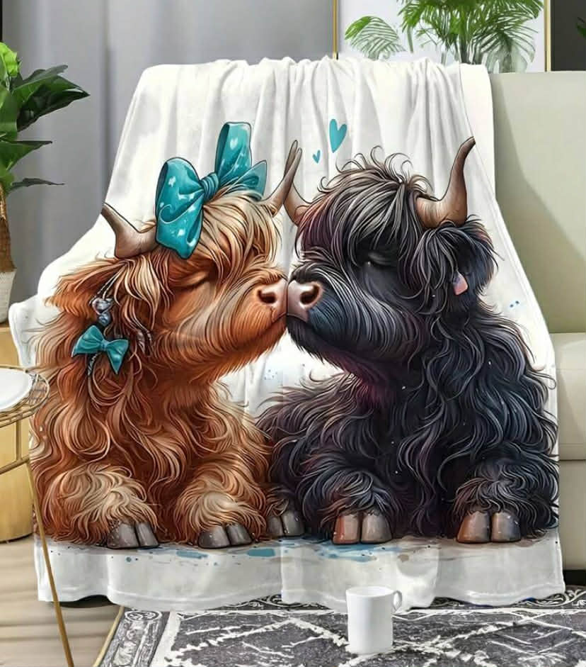 1 pc Watercolor Style Cute Highlander Cow, Blue Bow, Natural Animal Pattern Square Plush Blanket